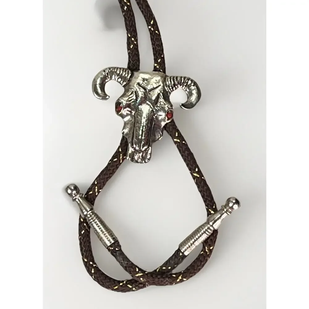 Western Ram Skull Bolo Tie Silver Tone Red Eyes Brown Braided Cord 33”